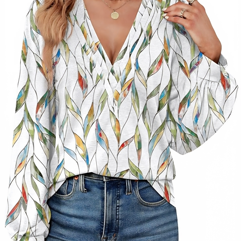 Leaf Print V-Neck Blouse - Multicolor (Sz. XL)